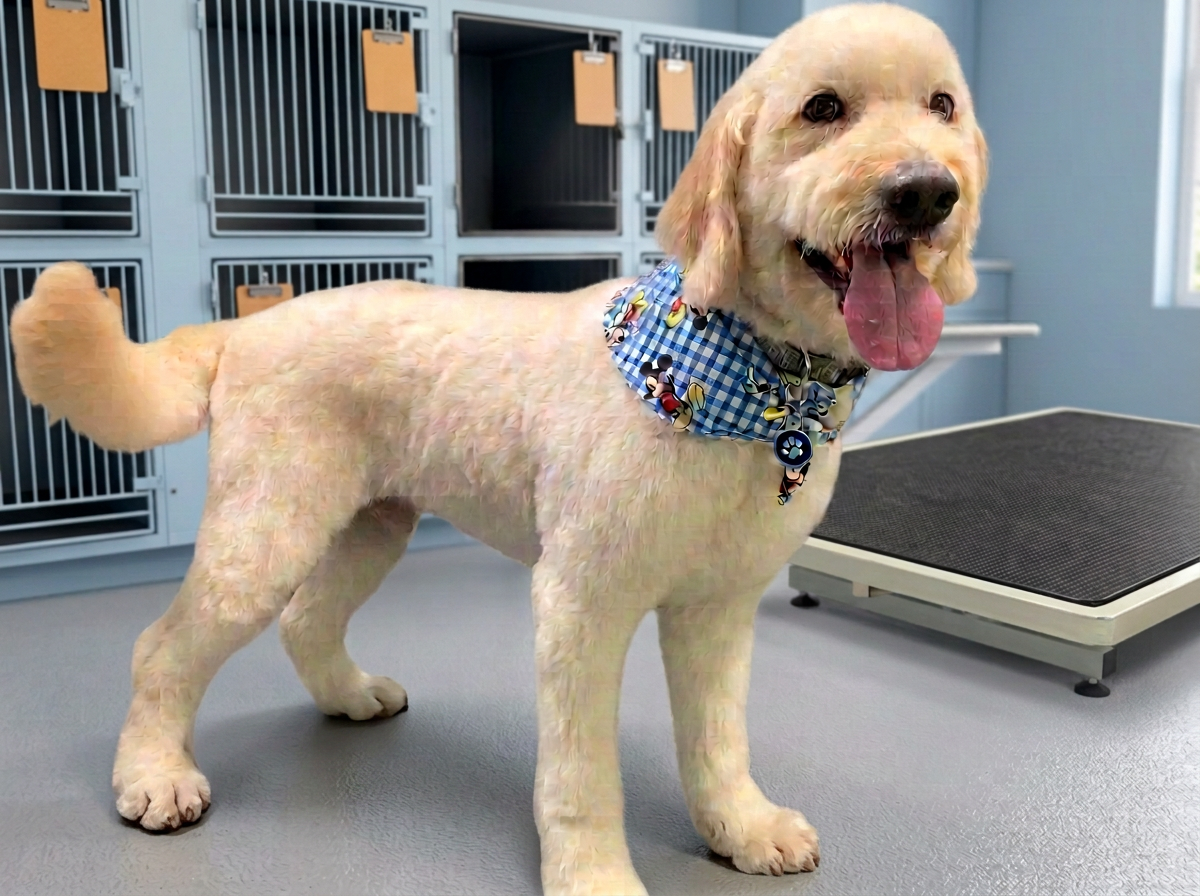 Freshly groomed cream-colored dog wearing a blue patterned bandana
