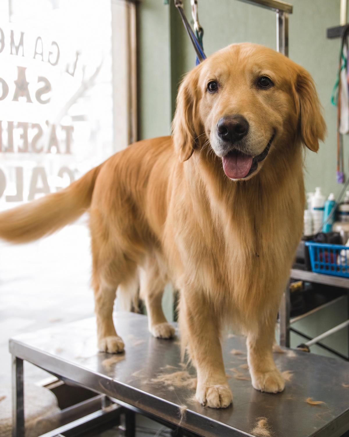 A freshly groomed golden retriever sitting in the sunlit Blue Ribbon salon
