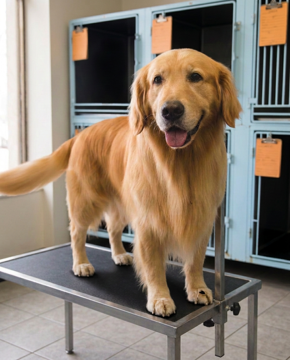 A freshly groomed golden retriever sitting in the sunlit Blue Ribbon salon