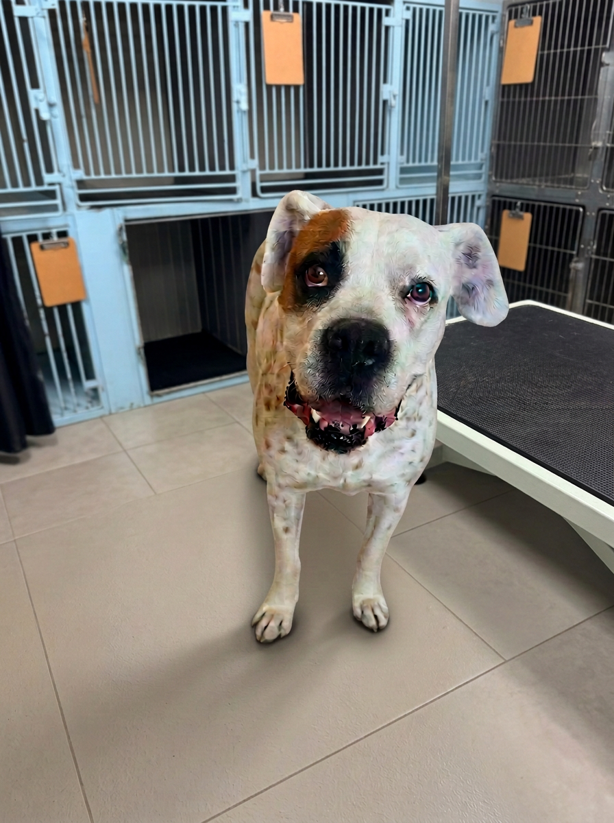 White dog with a brown eye patch and spotted coat smiling indoors